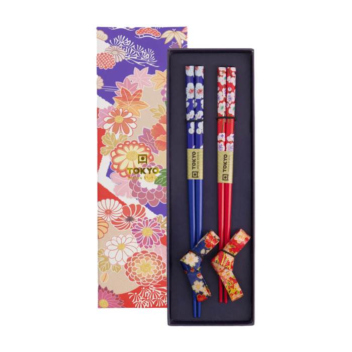 Chopstick Set, Red & Blue Flower